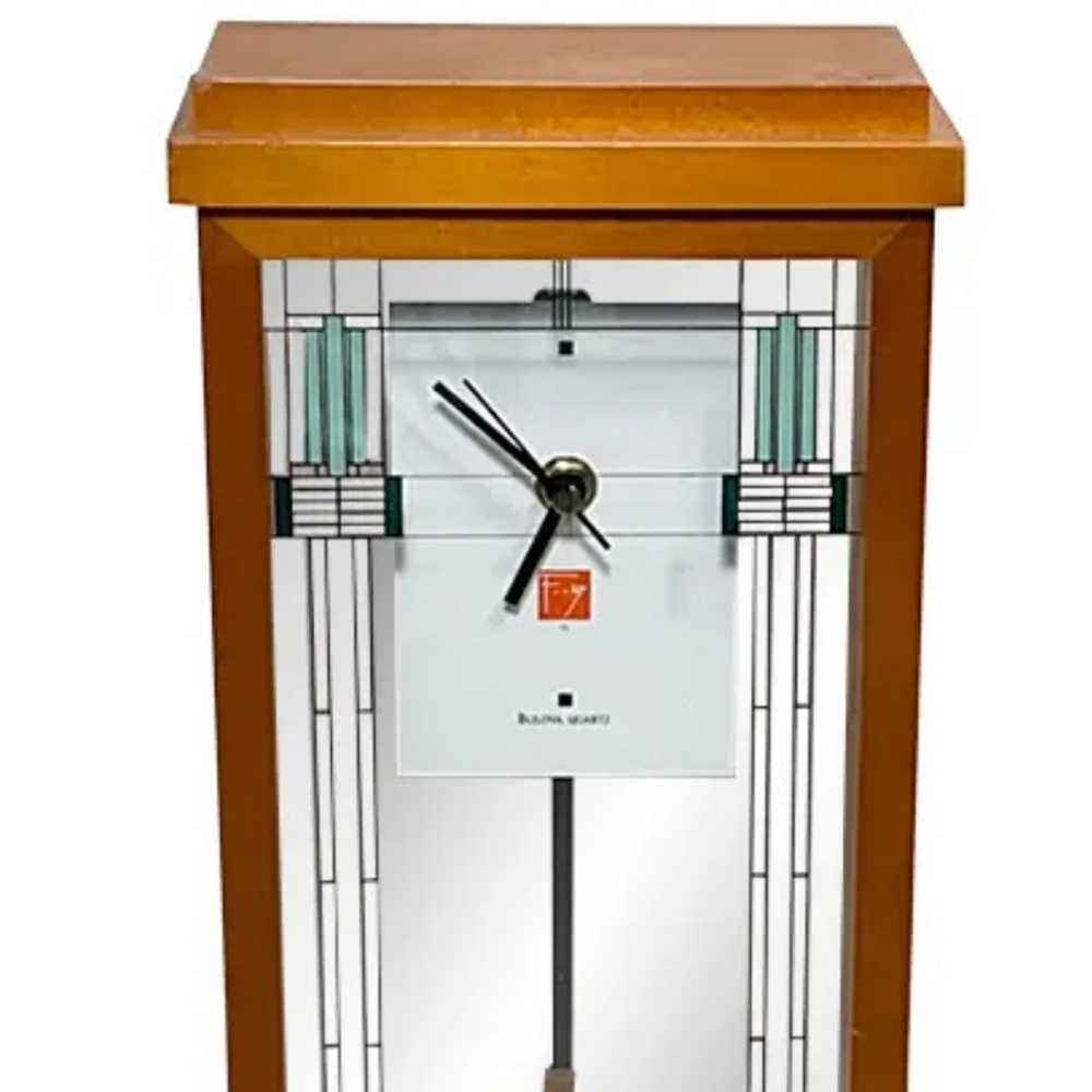 BULOVA  FRANK LLOYD WRIGHT 14" MANTEL PENDULUM CLOCK.